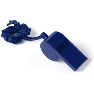 A navy blue whistle with a textured finish attached to a blue rope for easy carrying.