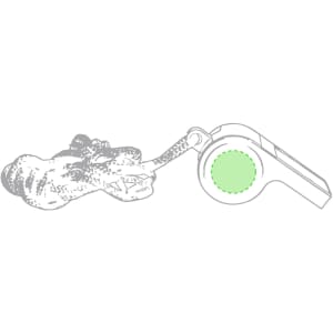 A green novelty whistle attached to a textured cord, featuring a simple design. It has a branded logo.
