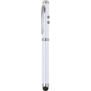 A metal pen in white with a shiny silver clip and two buttons, featuring a touch screen tip.