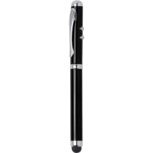 A sleek black metal pen with a chrome clip and accents, featuring a branding logo on the barrel.