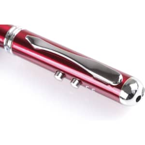 A metallic red laser pen with a silver clip and two buttons, featuring a shiny chrome tip.