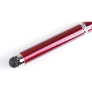 A red metal pen with a smooth finish and a black rubber tip, featuring a logo.