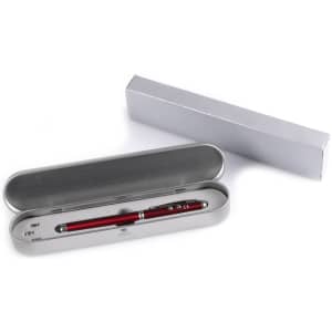 A red metal pen in a silver tin case, presented in an open position with the case displayed nearby.