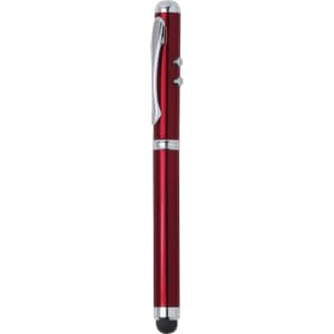 A red metal pen featuring a shiny silver clip and a branding logo.