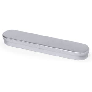 A silver metal case for a pen, featuring a smooth, oval shape and a minimalistic design.