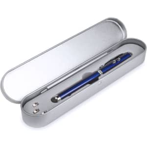 A blue metal pen with a silver case, featuring a logo on the pen. The case is slightly open, revealing the pen inside.