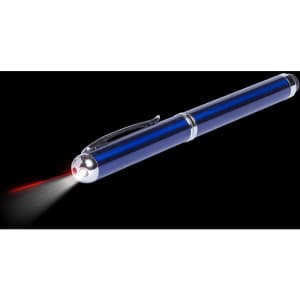 A blue metal pen with a silver clip and a red laser light at the tip.