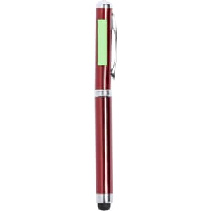 A red metal pen with a silver clip and a small green section, featuring a logo on the side.