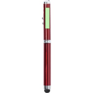 A red metal pen with a shiny finish and a green accent area, featuring a logo.