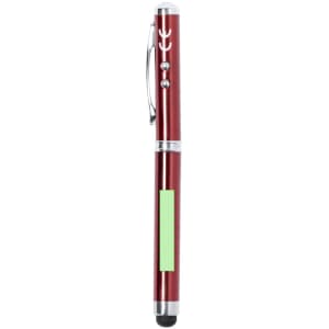 A red metal pen featuring a logo and a touch screen tip. The pen includes buttons and a green area.