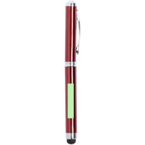A red metal pen with a silver clip and a black stylus tip, featuring a logo on the body.
