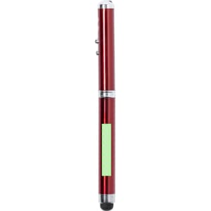 A red metal pen with silver accents and a logo, featuring a stylus tip on one end.