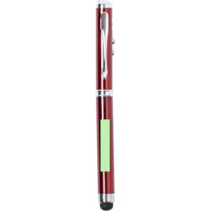 A red metal pen with a silver clip, featuring a green highlighted area and a logo.