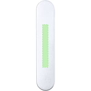 A sleek metal pen in silver with a green accent, featuring a simple logo.
