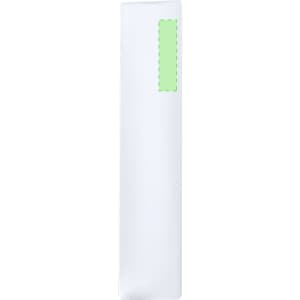 A white promotional item with a green rectangular area, featuring branding or logo.