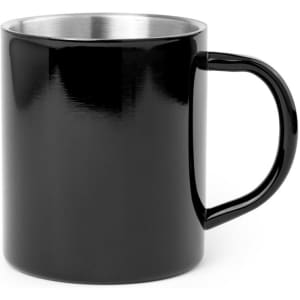 A black coffee mug with a stainless steel interior and a curved handle. Features a branded logo.