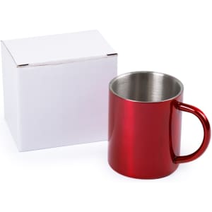 A red coffee mug with a stainless steel inner, placed beside a plain white box.