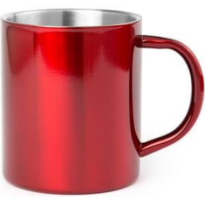 A red coffee mug with a metallic finish and a sturdy handle. It features a silver interior and has a logo.
