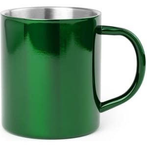 A green coffee mug with a shiny finish and a stainless steel interior. It features a sturdy handle and branding.