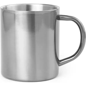 A stainless steel coffee mug with a smooth, shiny finish and a sturdy handle. It has a minimalist design.