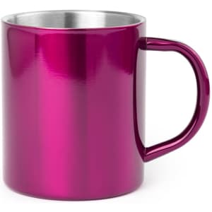 A drinkware mug in a shiny magenta colour with a stainless steel interior and a curved handle, featuring a logo.
