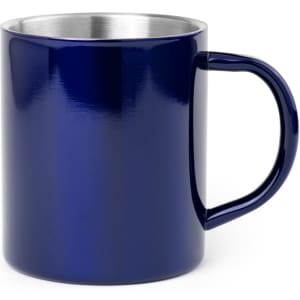 A drinkware coffee mug in a glossy navy blue finish with a stainless steel interior and a sturdy handle.