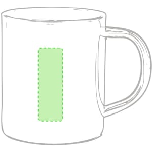 A clear coffee mug featuring a blank green rectangular section on the front. The mug has a sturdy handle.