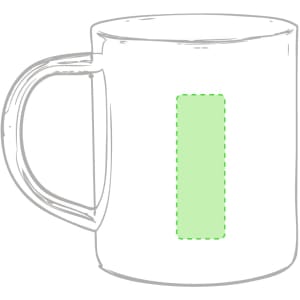 A white coffee mug with a handle, featuring a green dotted rectangular area for customization. It has a logo.