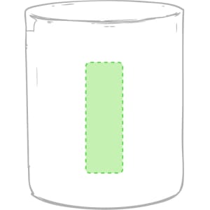 A drinkware coffee mug featuring a solid white design with a green rectangular space, and it has a logo.