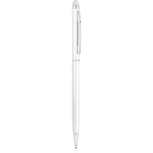 A white stylus touch ball pen with a silver clip and a logo on the barrel.