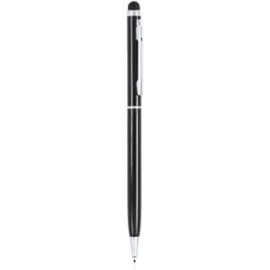 A black stylus touch ball pen with a silver clip and accents, featuring a sleek design.