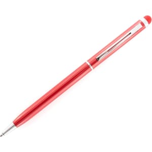A red stylus touch ball pen featuring a sleek design and a shiny finish, with a silver clip and tip.