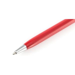 A red ballpoint pen with a silver tip and a textured grip. It features a logo on the body.