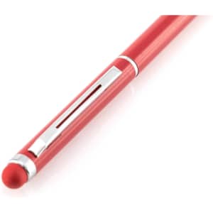 A red stylus touch ball pen featuring a silver clip and a rubber tip for touchscreens.