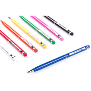 A collection of stylus touch ball pens in various colours including blue, green, pink, red, orange, yellow, and black.