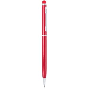 A red stylus touch ball pen with a silver clip and a rounded cap. Features a logo on the barrel.