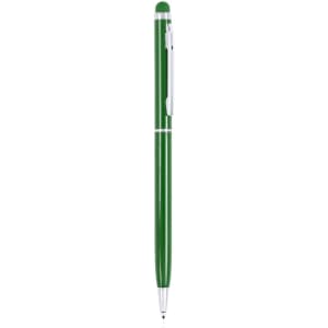 A green stylus touch ball pen with a silver clip and a sleek design. It features a stylus tip and ballpoint tip.
