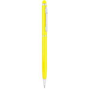 A yellow stylus touch ball pen with a sleek design and a silver clip, featuring a branding logo.