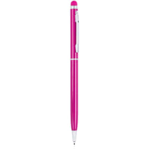 A stylus touch ball pen in vibrant pink with silver accents, featuring a branding logo.