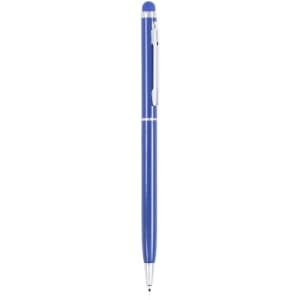 A blue stylus touch ball pen with a silver clip and accents, featuring a logo on its barrel.