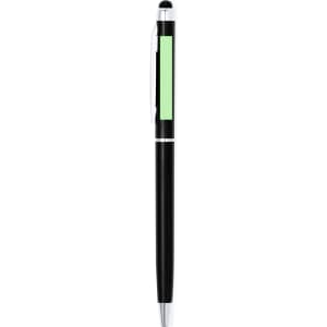 A stylus touch ball pen in black with a green accent and a logo on the side.