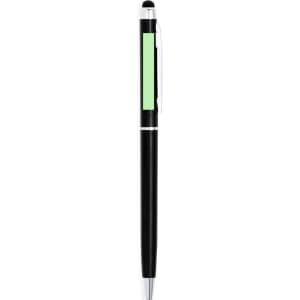 A black stylus touch ball pen with a green section and a silver clip, featuring a logo.