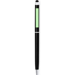 A black stylus touch ball pen with a green section and a logo on the barrel.