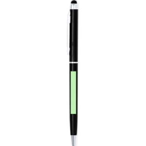 A black stylus touch ball pen with a green section and a silver clip, featuring a logo on the body.