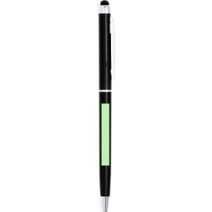 A black stylus touch ball pen with a green accent and a silver clip. It features a logo on the barrel.