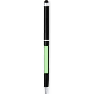 A black stylus touch ball pen with a green accent and a silver clip. It features a logo on the barrel.