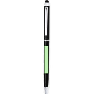 A black stylus touch ball pen featuring a green section and a chrome clip, complete with branding.