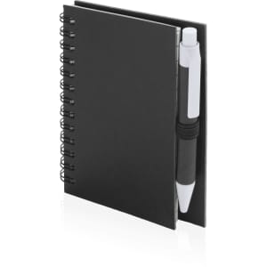 A black spiral-bound notebook with a matching pen attached, showcasing a sleek design.