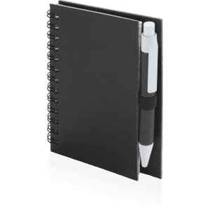 A black spiral-bound notebook with a white pen attached, featuring a sleek design.