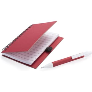 A red spiral-bound notebook with lined pages, accompanied by a red and white pen. The notebook has a simple design.